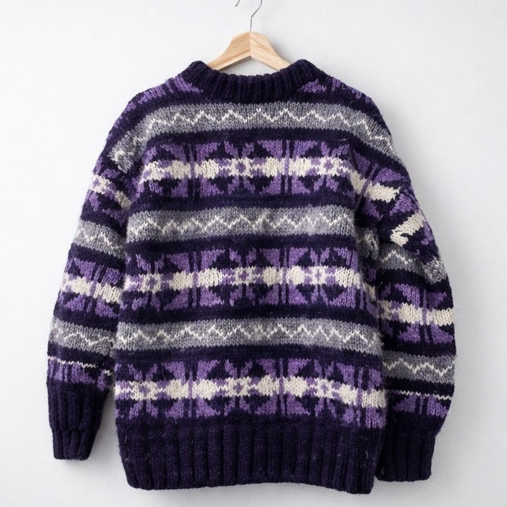 Rey Wear Vintage Wool Sweater Purple Gray Fair Isle Knit Women's XL Fisherman